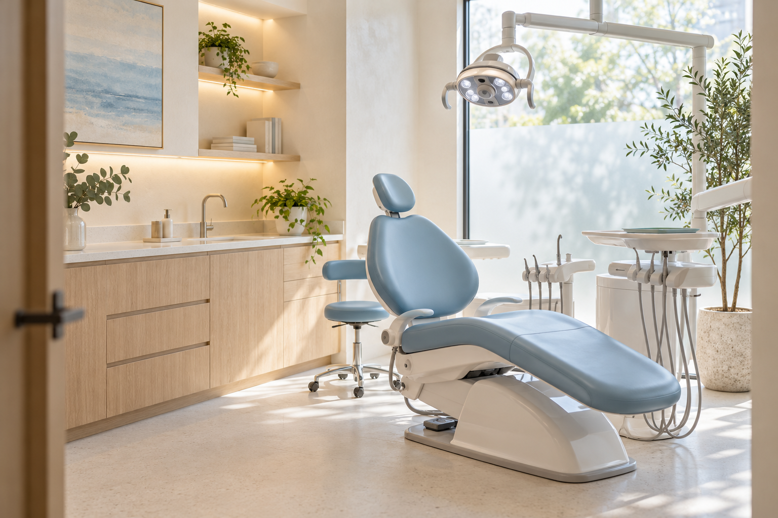 Illustrative welcoming dental room with a powder-blue chair, oak cabinetry and daylight