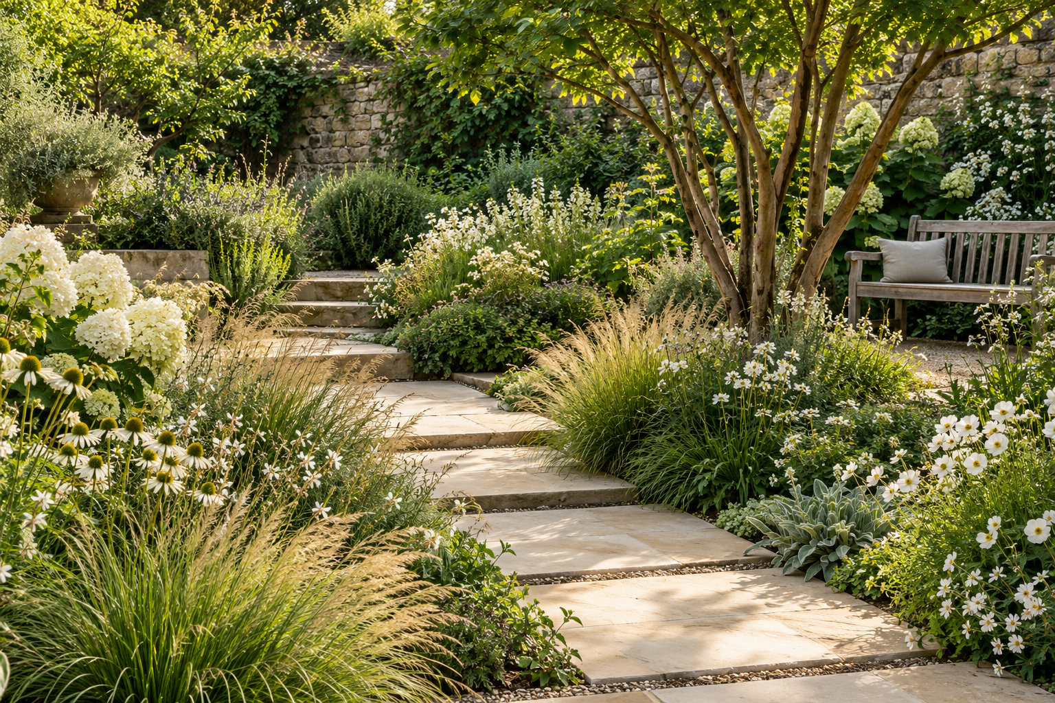 Illustrative lush English courtyard garden with pale stepping stones and an oak bench
