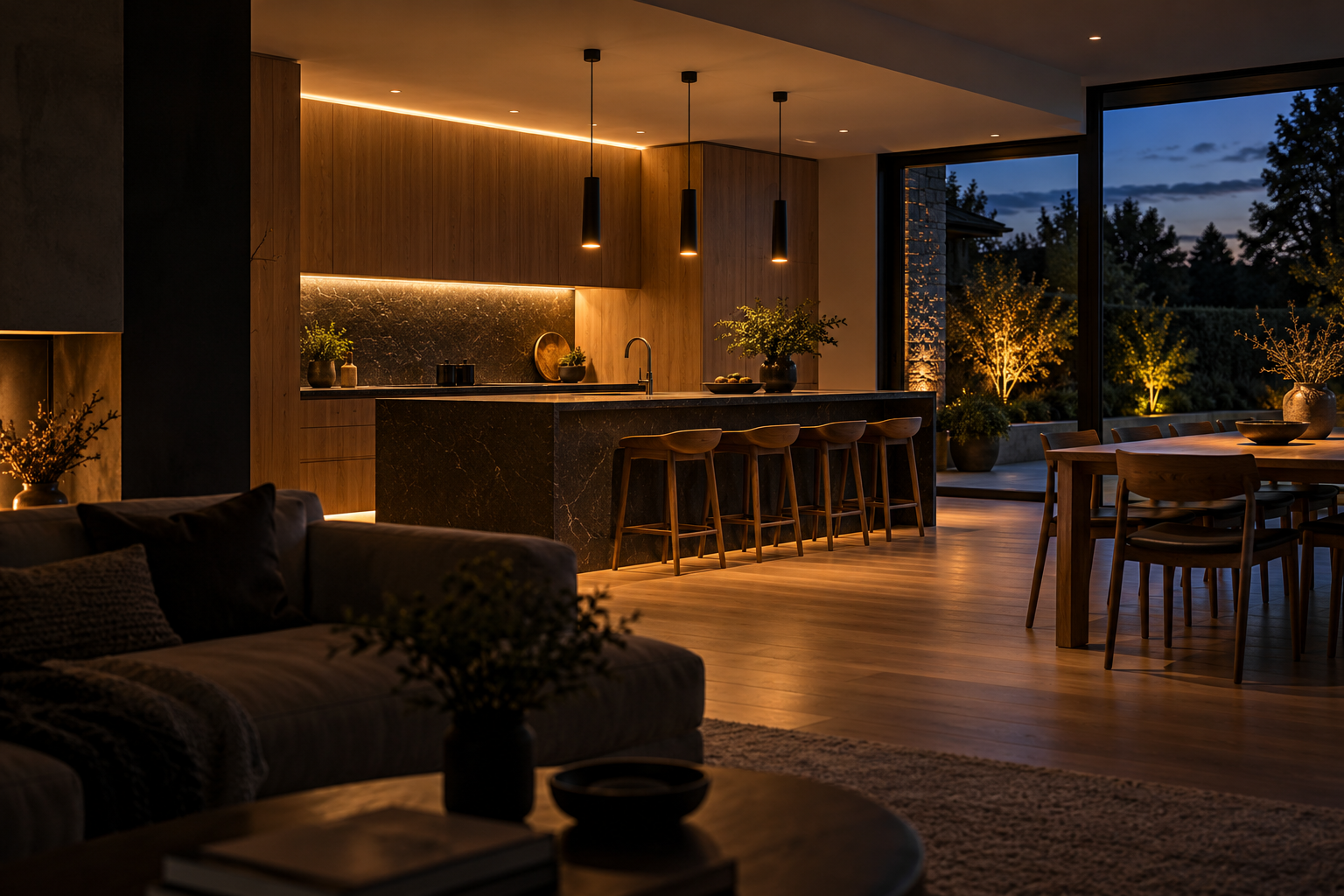 Illustrative contemporary home with warm pendant and concealed kitchen lighting