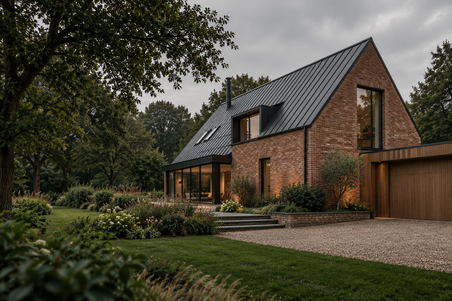 Illustrative brick home with a sharply detailed charcoal metal roof